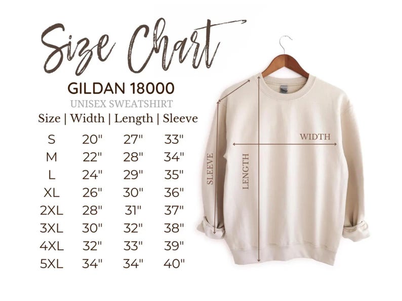 May include: Size chart for a Gildan 18000 unisex sweatshirt. The chart shows measurements in inches for width, length, and sleeve length for sizes S through 5XL.