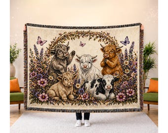 Highland Cow Floral Woven Blanket, Cow Lover Gift, Farmhouse Throw Blanket, Rustic Home Decor, Cozy Cottagecore Gift, Floral Cow Art Gift