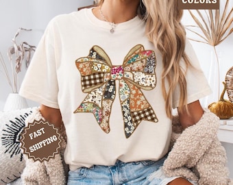 Bow Shirt Gift for Her, Comfort Colors Graphic Tee, Cute Patchwork Bow Top Trendy Birthday Gift Shirt Aesthetic Casual Vintage Tee Plus Size