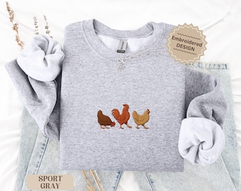 Embroidered Chicken Sweatshirt, Farm Animal Crewneck, Chicken Lover Gift, Cozy Farmhouse Embroidery Pullover, Backyard Chicken Mom Sweater