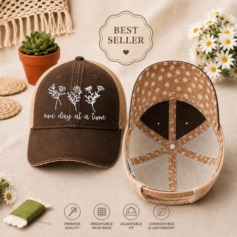 May include: A brown trucker hat with a white floral design and the text "one day at a time." The hat has a mesh back and an adjustable fit. The hat is displayed next to a second hat with a spotted pattern.