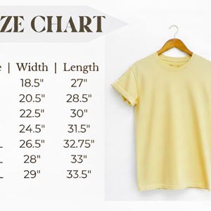 May include: A pale yellow t-shirt hangs on a wooden hanger. The shirt is displayed against a white background. A size chart is on the left, with measurements in inches for sizes S to 4XL. The text "SIZE CHART" is at the top.
