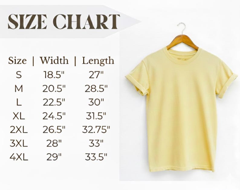 May include: A pale yellow t-shirt hangs on a wooden hanger. The shirt is displayed against a white background. A size chart is on the left, with measurements in inches for sizes S to 4XL. The text "SIZE CHART" is at the top.