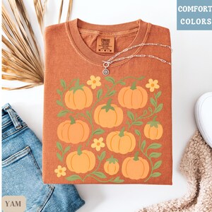 May include: Orange t-shirt with a pumpkin graphic. The shirt features a design of orange pumpkins, green vines, and yellow flowers. The words "COMFORT COLORS" are printed in the upper right corner. A silver necklace is on top of the shirt.
