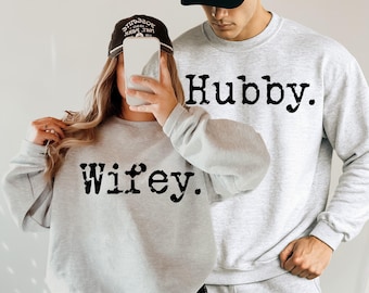 Hubby Sweatshirt or Wifey Sweatshirt, Matching Couple Crewneck, Embroidered Cozy Sweater Wedding Gift for Newlyweds Couples Anniversary Gift