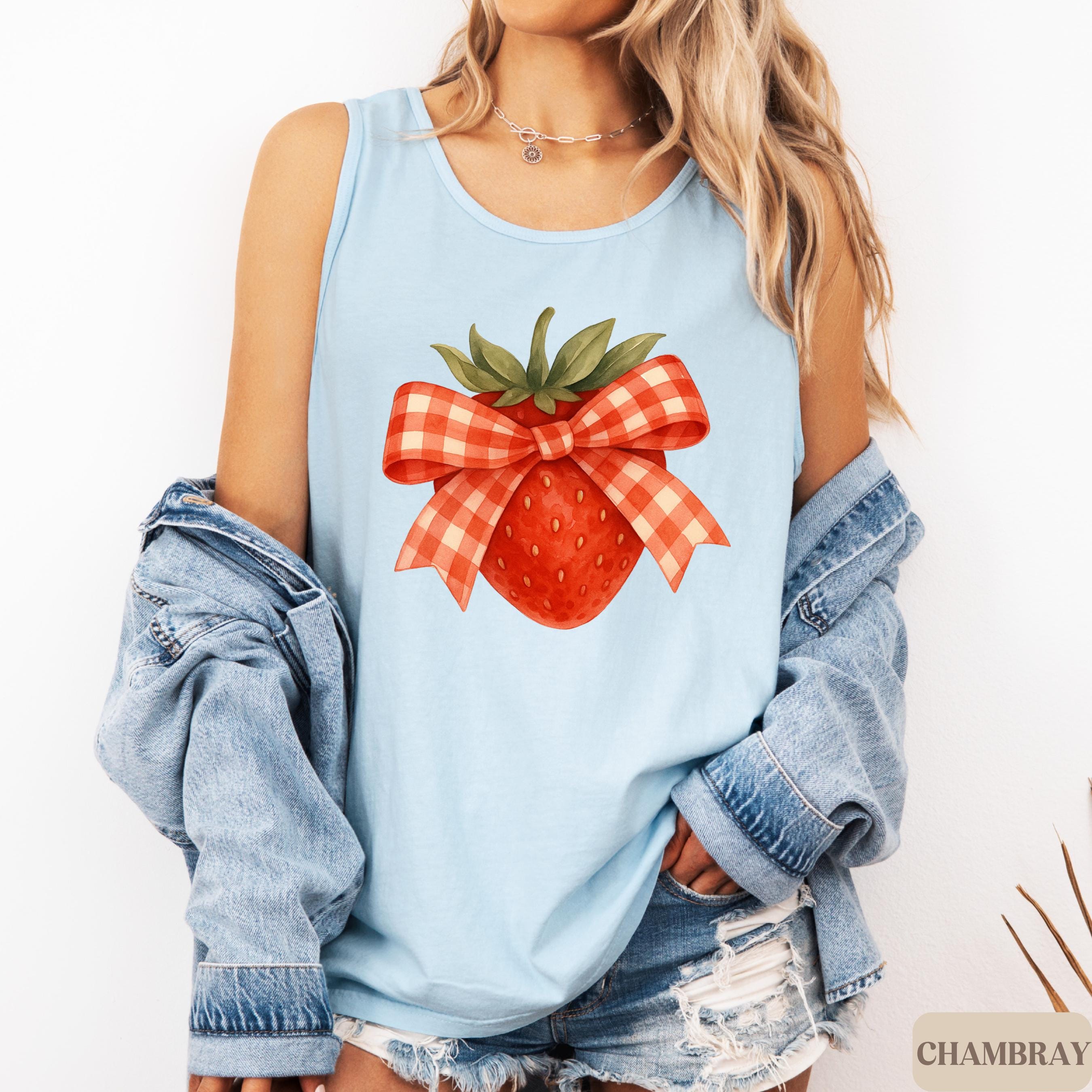 Gingham Strawberry Tank Top, Retro Fruit Graphic Shirt