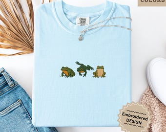 Cute Frog Embroidered Shirt, Funny Frog Gift for Her, Comfort Colors Frog Tee Cottagecore Animal Shirt Frog Lover Birthday Gift Embroidered