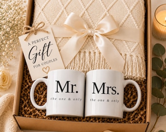 Wedding Gift For Couple, Mr And Mrs Mug Gift Box, Bride And Groom Mug Set, Just Married Gift, Knit Blanket Wedding Gift Basket For Newlyweds