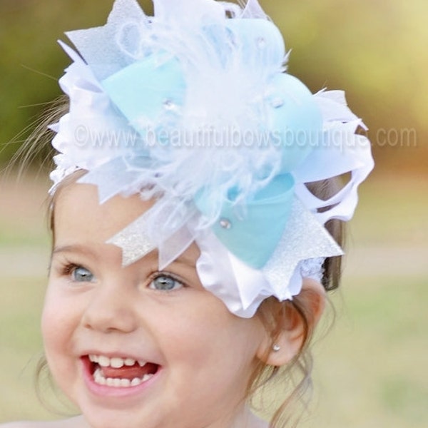 Frozen Over the Top Hair Bow White and Baby Blue Over the Top Feather Headband Wedding Hair Bows Flower Girl Gift Idea Boutique Headband