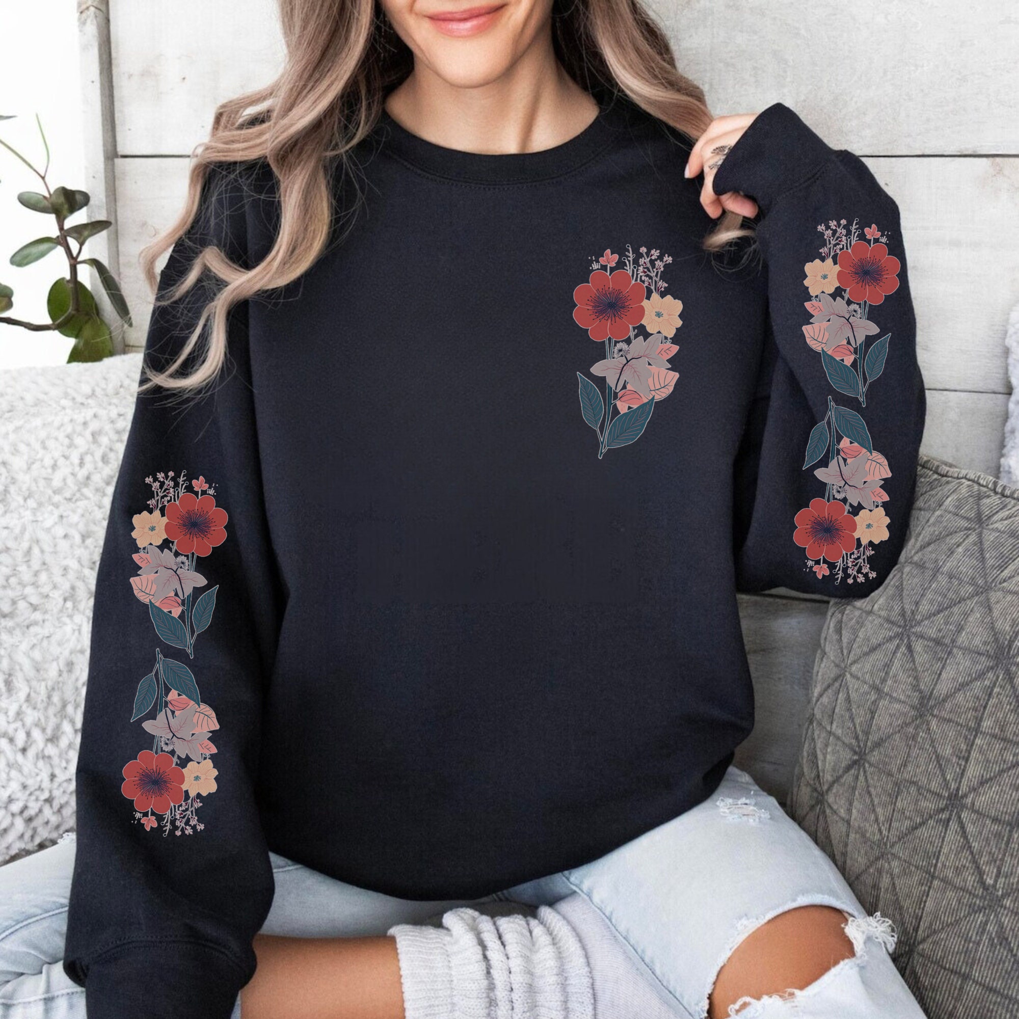 Boho Flower Sweatshirt Wildflower Sweater Women Floral Minimalist