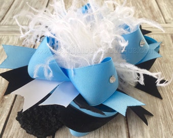 Alice in Wonderland Over the Top Hair Bow,Black Blue Big Birthday Bow Headband ,Alice in Wonderland Birthday Party or Halloween Costume Bows