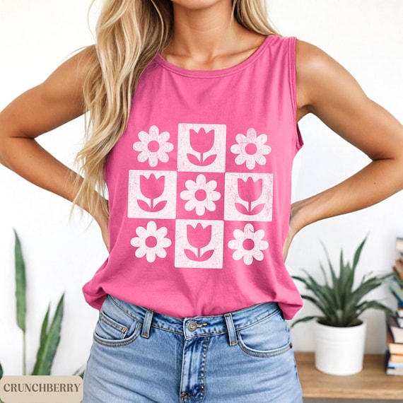 Minimalist Floral Tank Top, Retro Flower Shirt, Tulip Daisy Block