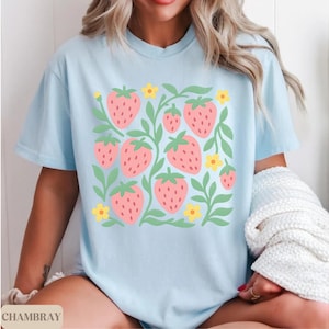 Strawberry Comfort Colors Shirt Fruit Graphic Tee Cottagecore T-Shirt Farmers Market Top Garden Girl Tee Strawberry Festival Shirt Gift Chambray