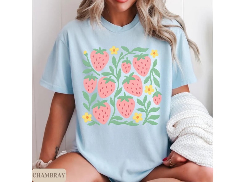 Strawberry Comfort Colors Shirt Fruit Graphic Tee Cottagecore T-Shirt Farmers Market Top Garden Girl Tee Strawberry Festival Shirt Gift Chambray