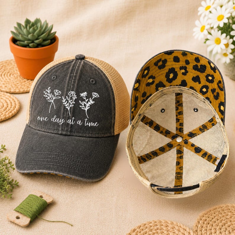 May include: A black and tan trucker hat with the text "one day at a time" and floral illustrations. The underside of the hat features a leopard print design. The hat is displayed next to a small potted plant and daisies.