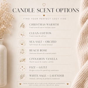 May include: A beige informational sign titled CANDLE SCENT OPTIONS listing seven varieties: Christmas Warmth, Clean Cotton, Sea Salt + Orchid, Beach Rose, Cinnamon Vanilla, Fizz + Glitz, and White Sage + Lavender, each with a small icon and description.