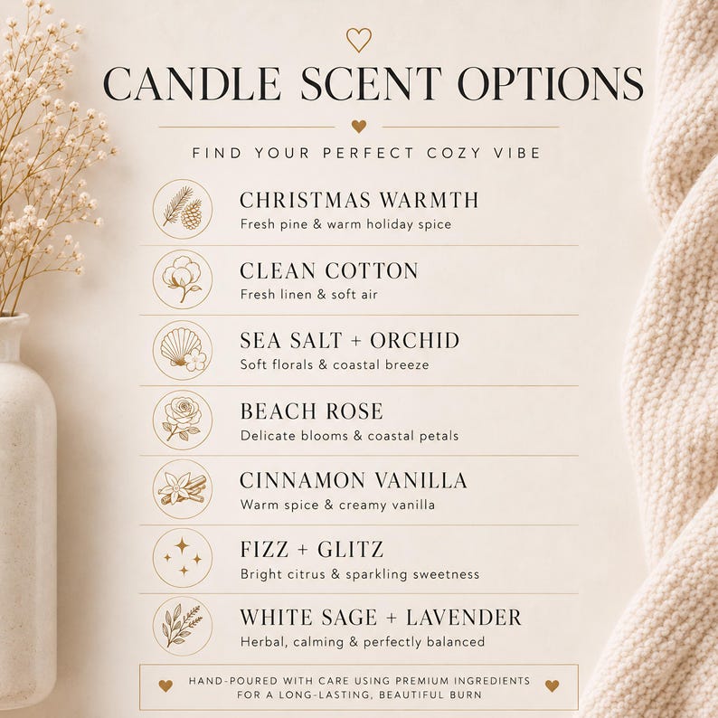 May include: A beige informational sign titled CANDLE SCENT OPTIONS listing seven varieties: Christmas Warmth, Clean Cotton, Sea Salt + Orchid, Beach Rose, Cinnamon Vanilla, Fizz + Glitz, and White Sage + Lavender, each with a small icon and description.