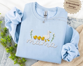 Embroidered Mama Goose Sweatshirt, Cute Duck Family Crewneck, Cozy Mom Gift, Baby Shower New Mama Gift, Mother’s Day Embroidered Sweatshirt