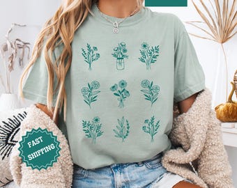 Comfort Colors Botanical Shirt, Floral Line Art Tee, Garden Lover Gift, Nature Aesthetic Shirt, Minimalist Plant Shirt Gift for Her Birthday