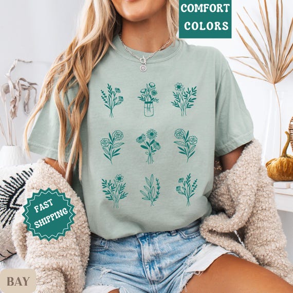 Comfort Colors Botanical Shirt, Floral Line Art Tee, Garden Lover Gift, Nature Aesthetic Shirt, Minimalist Plant Shirt Gift for Her Birthday