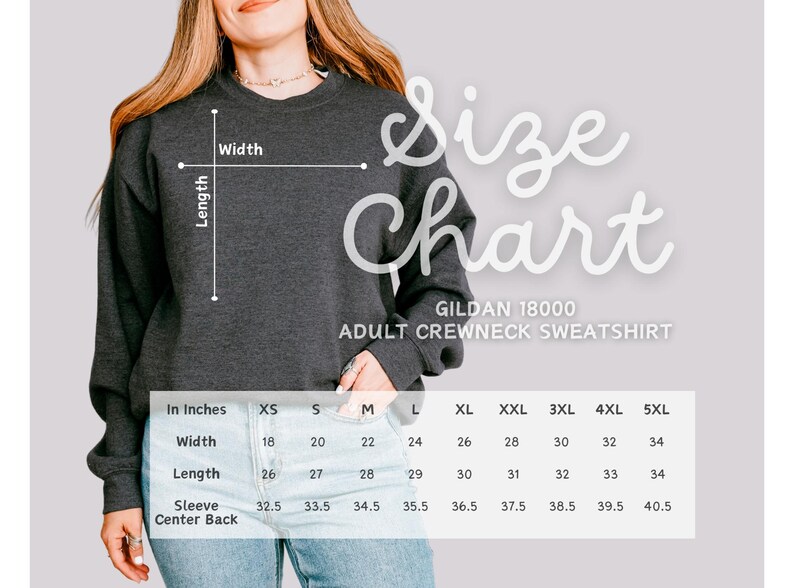 Puede incluir: Tabla de tallas para una sudadera con cuello redondo para adultos Gildan 18000. La tabla muestra las medidas en pulgadas para el ancho, la longitud, la manga y la espalda para las tallas XS a 5XL.