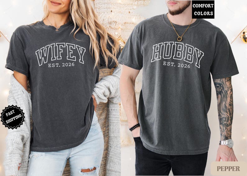 Wifey and Hubby Shirt, Wedding Party Shirt, Honeymoon Shirt,Wedding Shirt,Wife and Hubs Shirts, Just Married Shirts, Matching Couple Shirt Pepper