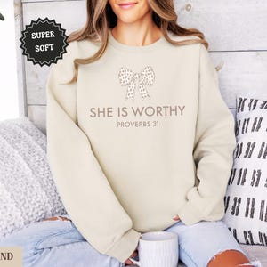 Christian Shirt for Women, She Is Worthy Shirt, Cute Faith Shirt, Girly Christian Shirt, Coquette Style, Trendy Christian Sweater Gift image 7