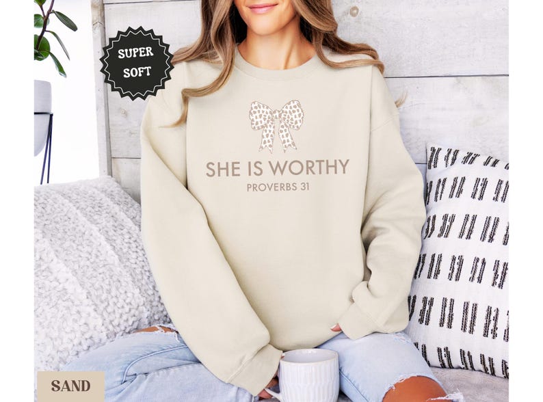 Christian Shirt for Women, She Is Worthy Shirt, Cute Faith Shirt, Girly Christian Shirt, Coquette Style, Trendy Christian Sweater Gift image 7