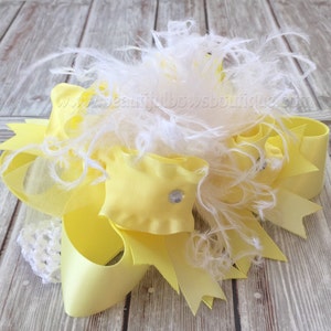 White and Yellow Over the Top Hair Bow, 6 inch Yellow Bow, Yellow White Baby Headband-FREE Headband Included,White Yellow Big Bow