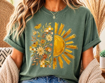 Boho Sun Floral Shirt, Comfort Colors Tee, Retro Sunshine Graphic Tee, Nature Aesthetic Shirt, Fall Floral Shirt, Graphic Tee Gift For Her