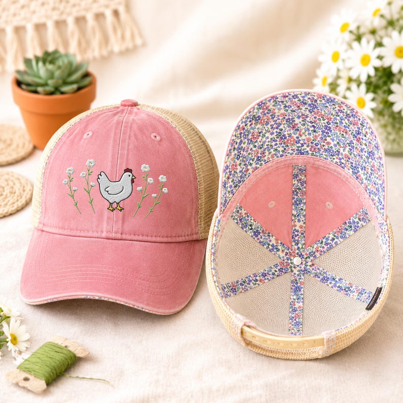May include: Two pink trucker hats. One hat features a light blue chicken and white flower embroidery. The other hat has a floral pattern on the underside. Both hats have a mesh back and a curved brim. The hats are on a light-colored surface.