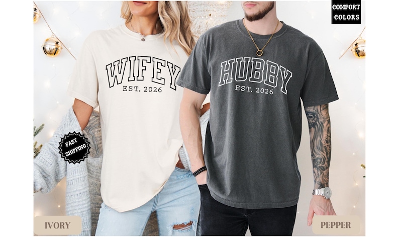 Wifey and Hubby Shirt, Wedding Party Shirt, Honeymoon Shirt,Wedding Shirt,Wife and Hubs Shirts, Just Married Shirts, Matching Couple Shirt Ivory