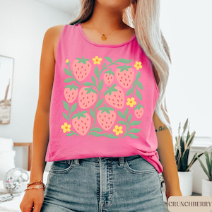 Strawberry tank top, cute floral shirt, summer graphic tee, Comfort Colors tank, boho fruit print top, women’s casual tank, gift for her