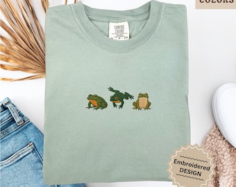 Frog Embroidered Comfort Colors Shirt, Cottagecore Frog Tee, Nature Lover Gift, Cute Animal Shirt, Indie Aesthetic Frog Shirt, Frog Mom Tee
