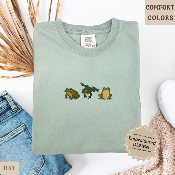 Frog Embroidered Comfort Colors Shirt, Cottagecore Frog Tee, Nature Lover Gift, Cute Animal Shirt, Indie Aesthetic Frog Shirt, Frog Mom Tee