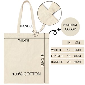 May include: A natural colored cotton tote bag with 100% cotton label. The bag measures 15 inches wide, 16 inches long, and has 20 inch handles.
