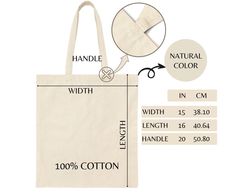 May include: A natural colored cotton tote bag with 100% cotton label. The bag measures 15 inches wide, 16 inches long, and has 20 inch handles.