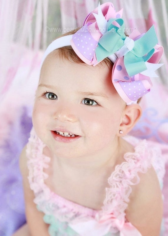 Boutique Hair Bow Pink Lavender Aqua Blue baby Headband Pink Aqua Lavender easter Hair Bow baby Girl Pastel Bows boutique Bow infant Hairbow Etsy