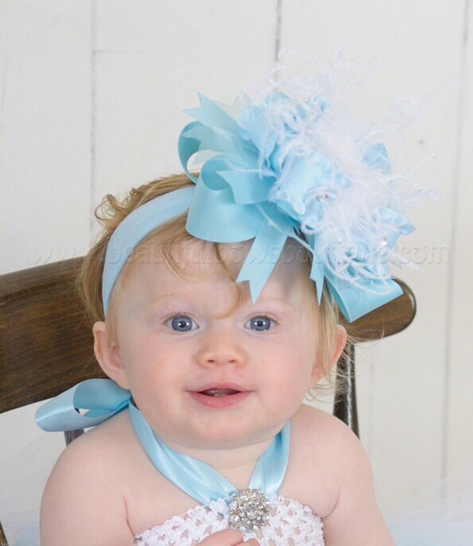 Solid Light Baby Blue Ruffle Over the Top Hair Bow Clip or Headband