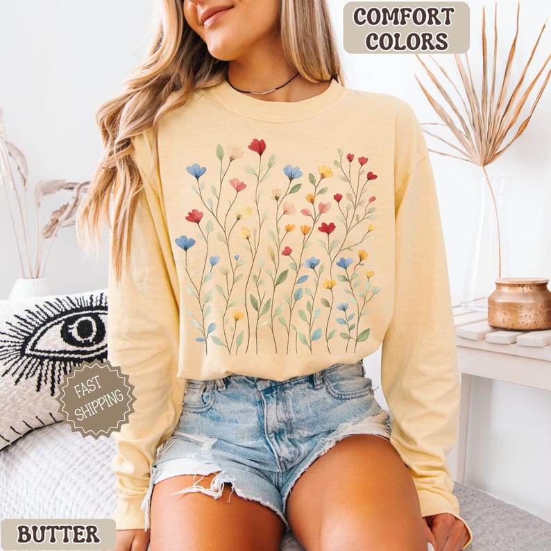 Floral Comfort Colors Long Sleeve Tee, Vintage Botanical Shirt, Spring Flower Graphic Shirt, Soft Casual Everyday Top, Gift for Her Butter