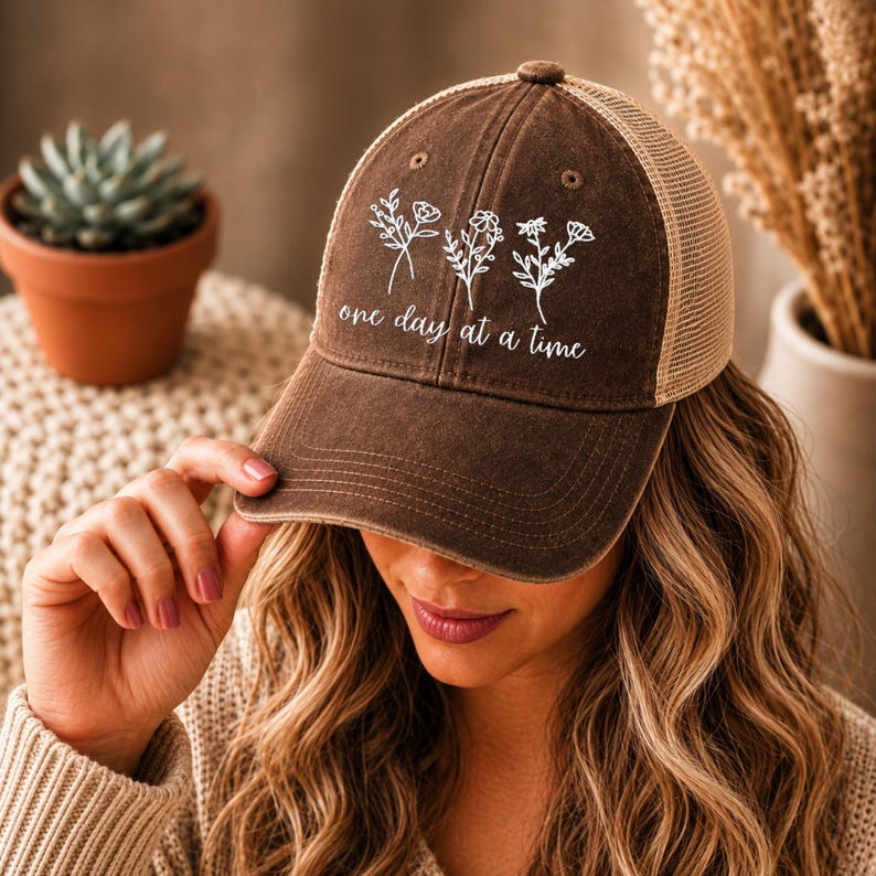 May include: A brown baseball cap with a tan mesh back. The cap features white floral designs and the phrase "one day at a time." The hat is worn by a person.