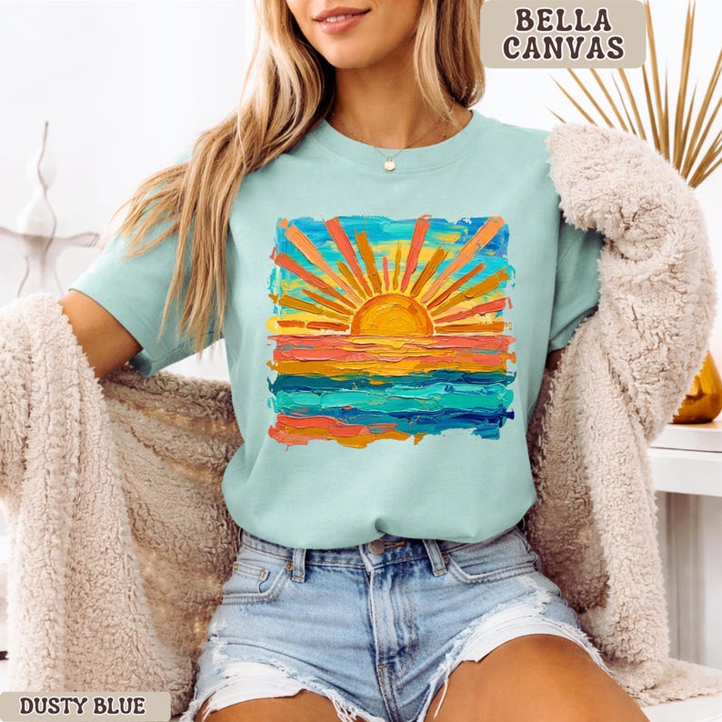 Bella Canvas Cute Summer Sunset Shirt, Retro Beach Graphic Tee, Trendy Vacation Outfit Top, Aesthetic Coastal Tee, Bella Canvas Shirt Women Dusty Blue