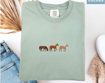 Minimal Horse Embroidered Comfort Colors Tee, Western Aesthetic Shirt, Horse Lover Gift, Cozy Equestrian Top for Women, Boho Cowgirl Style