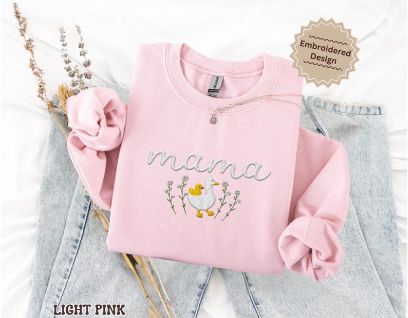 Embroidered Mama Sweatshirt, Goose Mama Crewneck, Mother's Day Gift, New Mom Gift, Baby Shower Gift, Cozy Mom Sweater, Cute Mom Sweatshirt Light Pink
