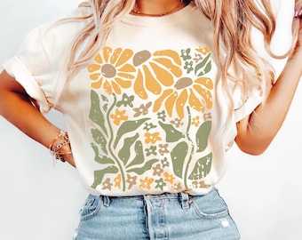 Boho Daisy Flower Tee, Comfort Colors Botanical Tee, Wildflower Shirt, Retro Floral T-Shirt, Plant Shirt, Gardener Shirt, Trendy Gift