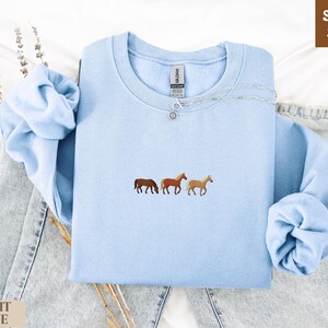 K&ouml;nnte beinhalten: Hellblaues Sweatshirt mit Pferde-Stickerei. Das Sweatshirt hat einen Rundhalsausschnitt und lange &Auml;rmel. Der Text "SUPER SOFT" befindet sich oben rechts. Der Text "LIGHT BLUE" befindet sich unten links.