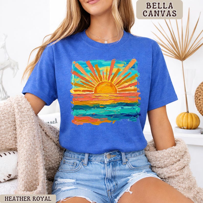 Bella Canvas Cute Summer Sunset Shirt, Retro Beach Graphic Tee, Trendy Vacation Outfit Top, Aesthetic Coastal Tee, Bella Canvas Shirt Women Heather Royal
