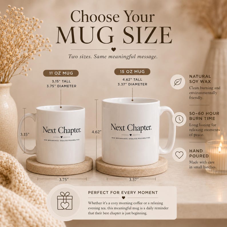 May include: Two white ceramic mugs with the text Next Chapter. New beginnings, endless possibilities. The 11 oz mug is 3.15 inches tall and 3.75 inches in diameter. The 15 oz mug is 4.62 inches tall and 3.37 inches in diameter. Both sit on cork coasters.