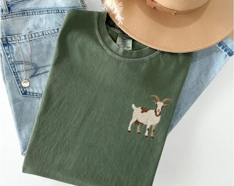 Goat Lover Gift, Embroidered Goat Comfort Colors Shirt, Goat Mom Tee, Farm Girl Gift, Rustic Farm Animal Shirt, Embroidered Christmas Gifts