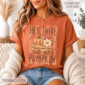 Op de afbeelding: Een terracotta-kleurig t-shirt met korte mouwen en een afbeelding van een houten wagen met een pompoen, een appel en een witte bloem. De tekst HEY THERE PUMPKIN staat in donkerbruine letters boven en onder de illustratie van de wagen.
